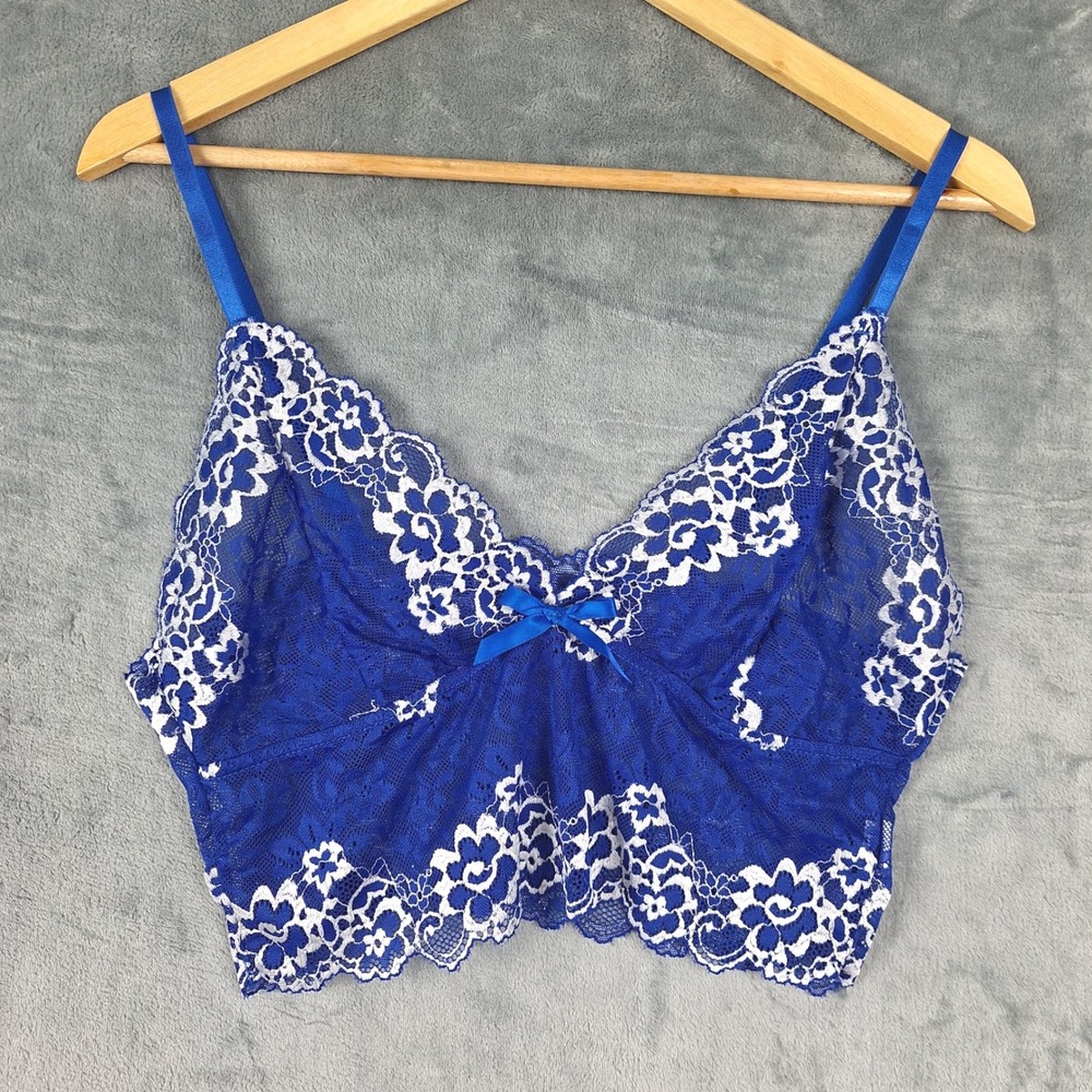 Womens Top XL Blue Floral Lace Sheer Babydoll Y2K Fairy Coquette Crop Dainty